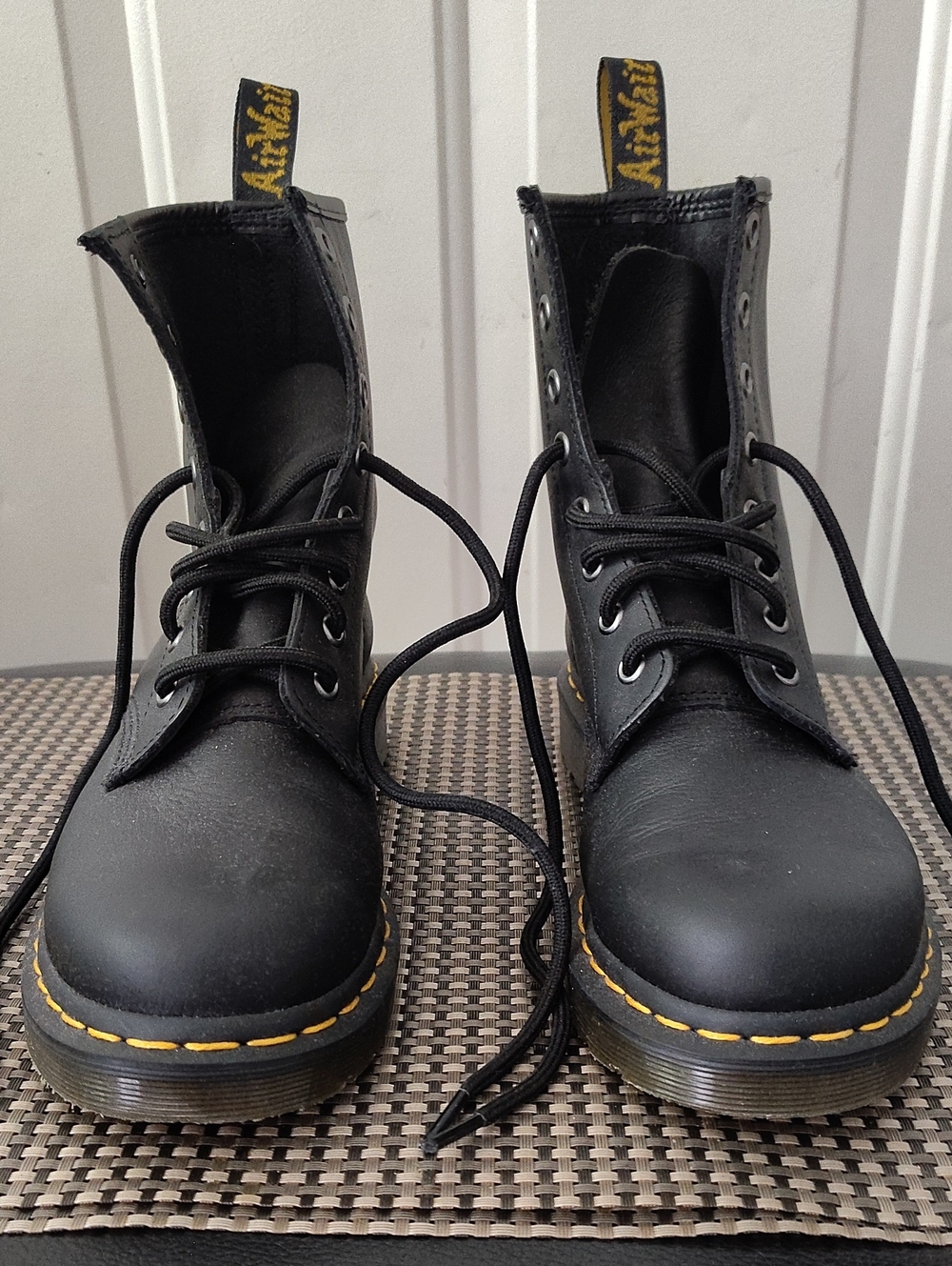 Dr. Martens Black Leather Lace-Up Boots with Yellow Stitching Size 8